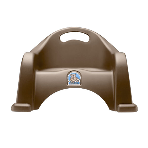 A brown plastic booster seat with a handle cutout and a bear logo on the front.