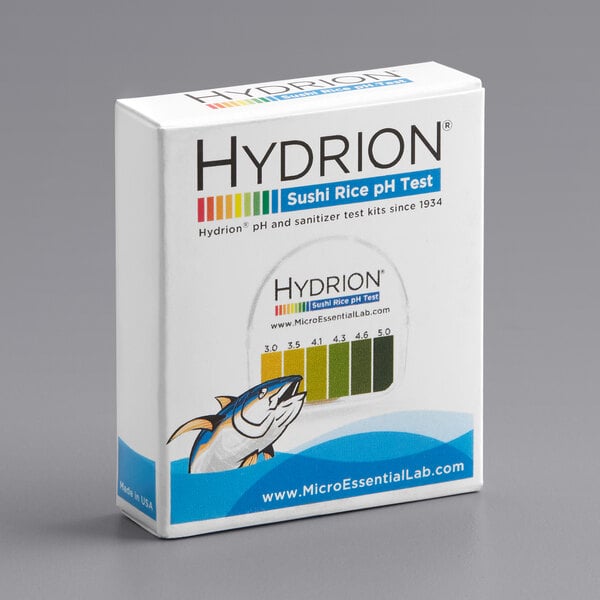 A box of Hydrion Sushi Rice pH Test Paper Dispenser for measuring pH levels in sushi rice.