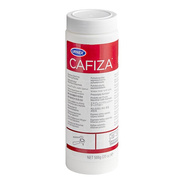 A container of Urnex Cafiza espresso machine cleaning powder.