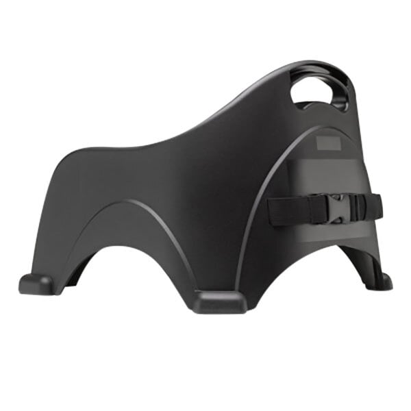 A black plastic booster seat with a curved backrest, a built-in handle, and a safety strap across the front.