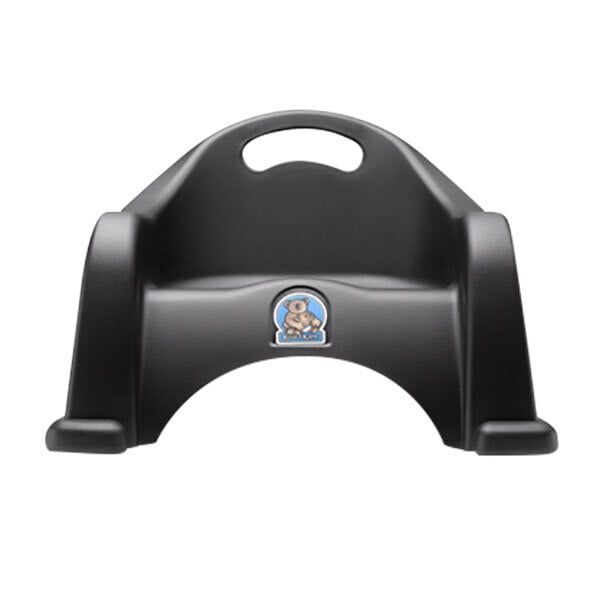 A black plastic booster seat with a handle cutout and a bear logo on the front.