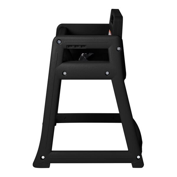 A black plastic high chair with a bar height design, shown from the side.