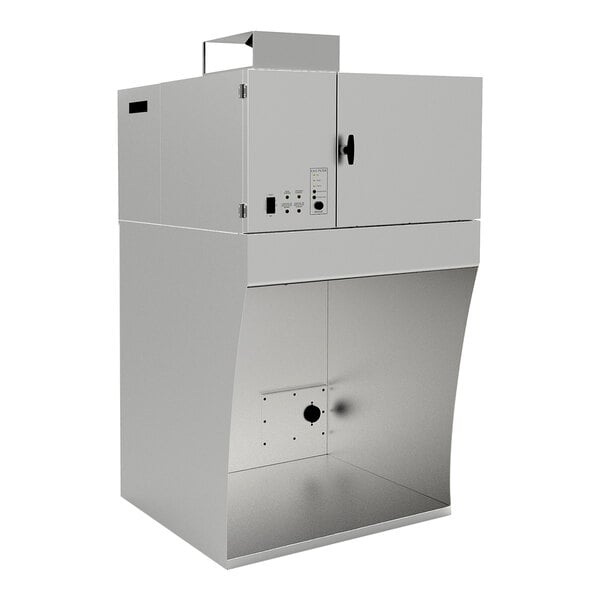 A stainless steel ventless recirculating countertop hood with a fire suppression system, designed for commercial kitchen use.