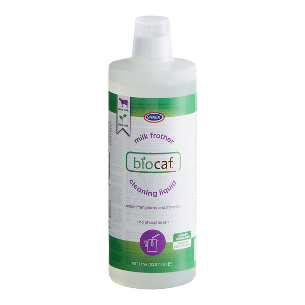 A 1-liter bottle of Urnex Biocaf milk frother cleaning liquid.