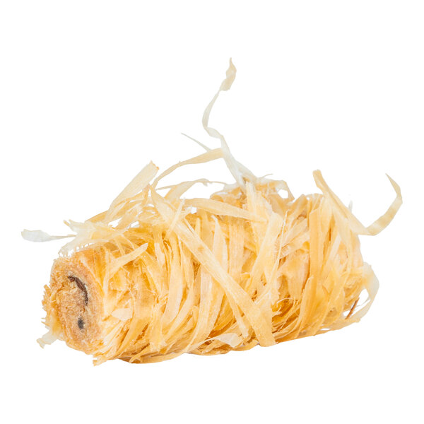 A single cylindrical bundle of thin, light-colored wood shavings twisted together, resembling a tumbleweed, against a white background.