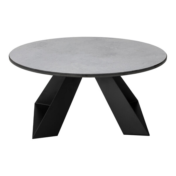 A round table with a gray top and two black, angular, geometric legs.