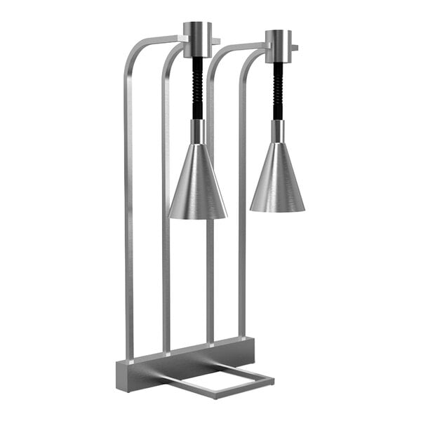A freestanding stainless steel heat lamp with two adjustable cone-shaped bulbs and a modern, minimalist design.