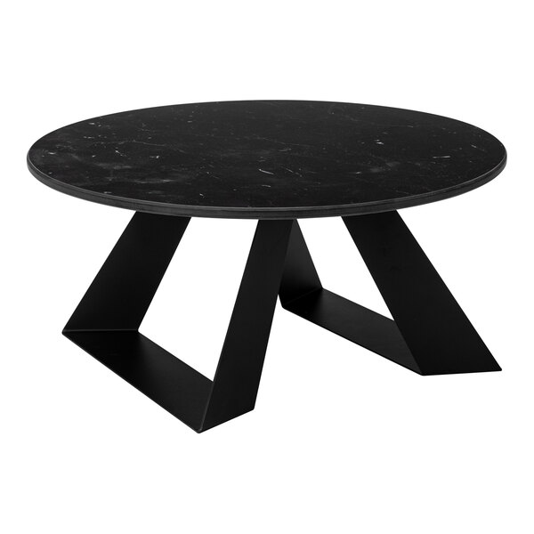 A round black table with a marble-like top and two wide, angled legs.