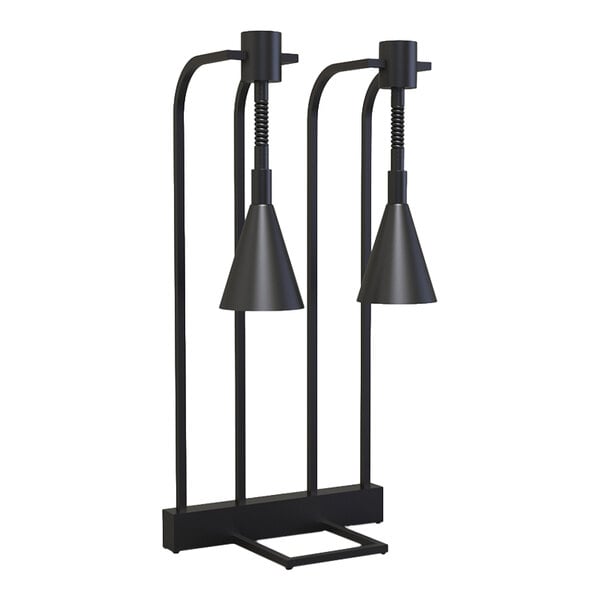 A black matte freestanding heat lamp with two adjustable cone-shaped bulbs and a rectangular base.