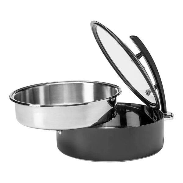 A round stainless steel food pan with a black base and a hinged glass lid, shown open.