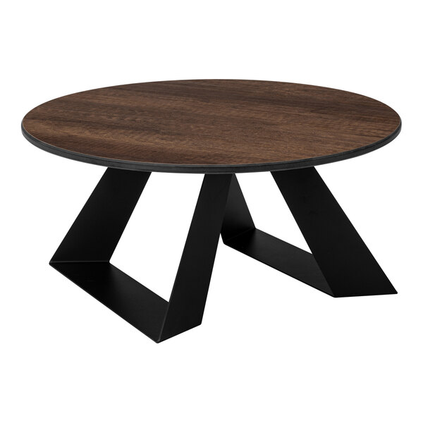 A round table with a dark wood-like top and two wide, angled black legs.