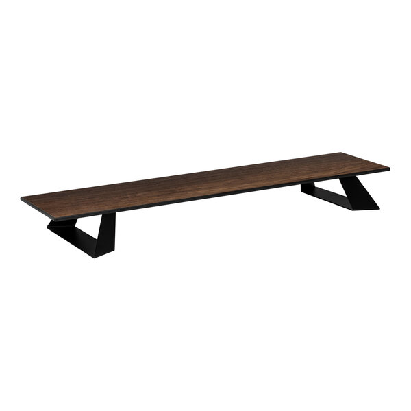 A rectangular platform with a dark wood-like surface and two black angular supports on each end.