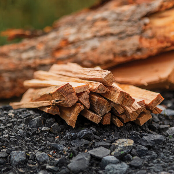 A bundle of natural fatwood fire starter sticks placed on gravel with a log in the background.