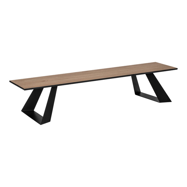 A rectangular riser with a natural wood-like top and two black, angular metal legs.