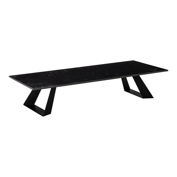 A rectangular black platform with a marble-like surface and two angular, geometric legs.