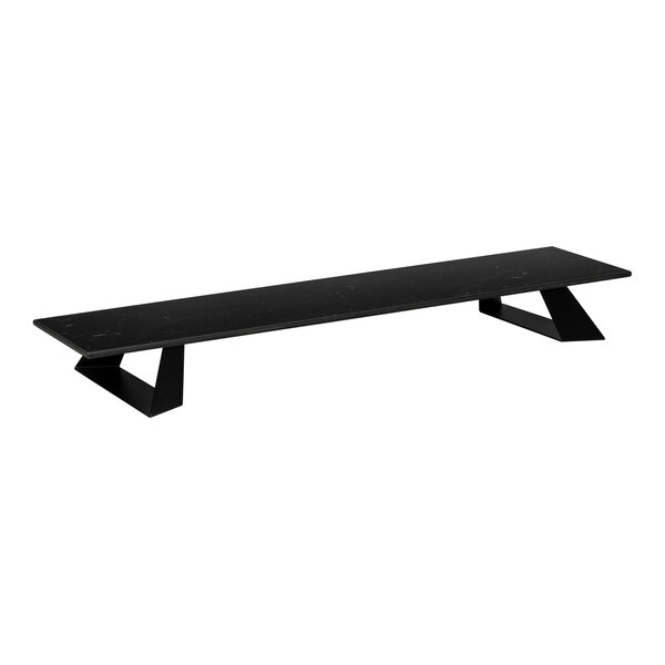 A rectangular black platform with angled geometric legs, featuring a smooth, marble-like surface.