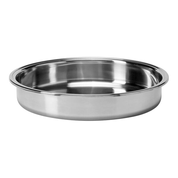 A round, shallow, stainless steel pan with a smooth, reflective surface and a wide rim.