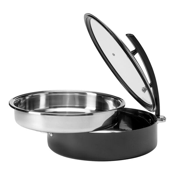A round stainless steel food pan with a glass lid, partially open, and a black base.