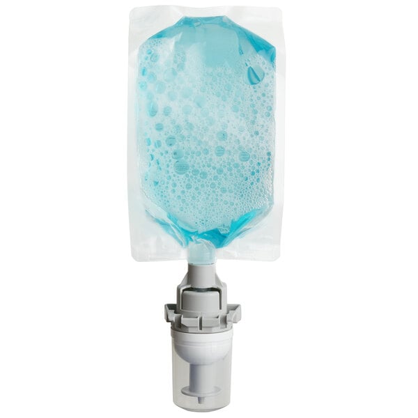 A 500 mL refill pouch of blue hypoallergenic enriched foam moisturizing hand soap with a dispenser attachment.