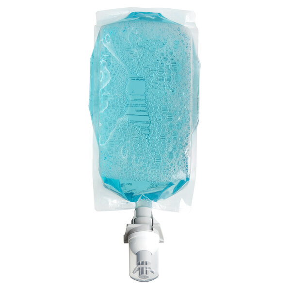 A refill pouch of blue foam moisturizing hand soap with a dispensing nozzle.