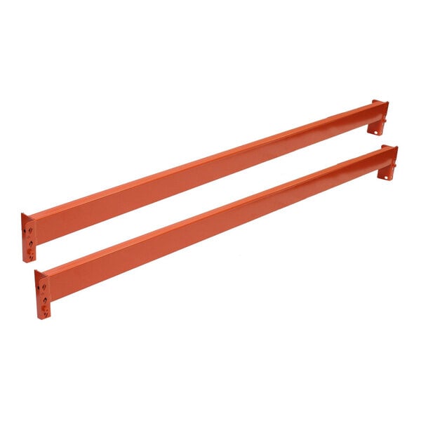 Two long, orange, rectangular metal beams with mounting brackets on each end are shown against a white background.