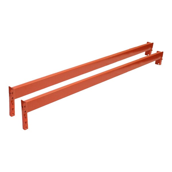 Two long, orange metal beams with mounting plates and multiple holes at each end, positioned parallel to each other.