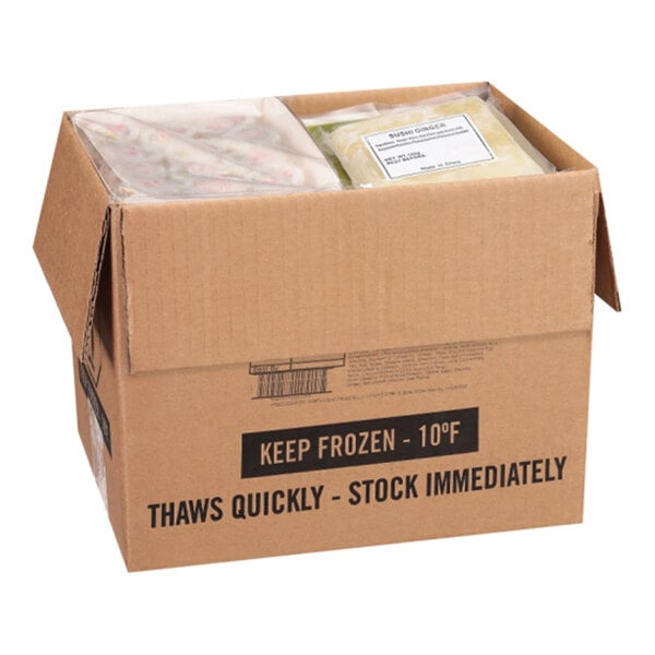 A cardboard box containing individually packaged sushi rolls labeled for frozen storage.