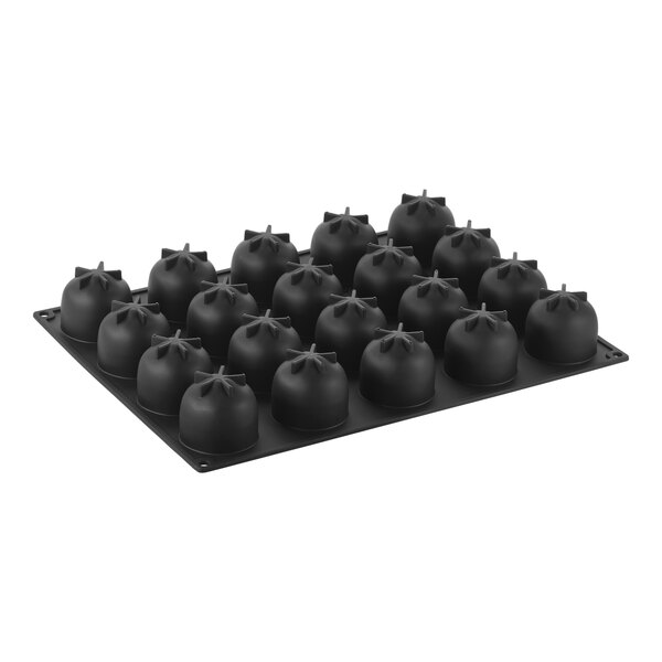 A black silicone baking mold with 20 dome-shaped compartments, each featuring a star-like pattern on top.