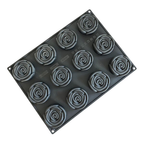 A black silicone baking mold with twelve rose-shaped cavities arranged in a rectangular grid.