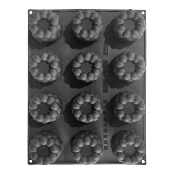 A black silicone baking mold with twelve round, raspberry-shaped cavities arranged in a grid pattern.