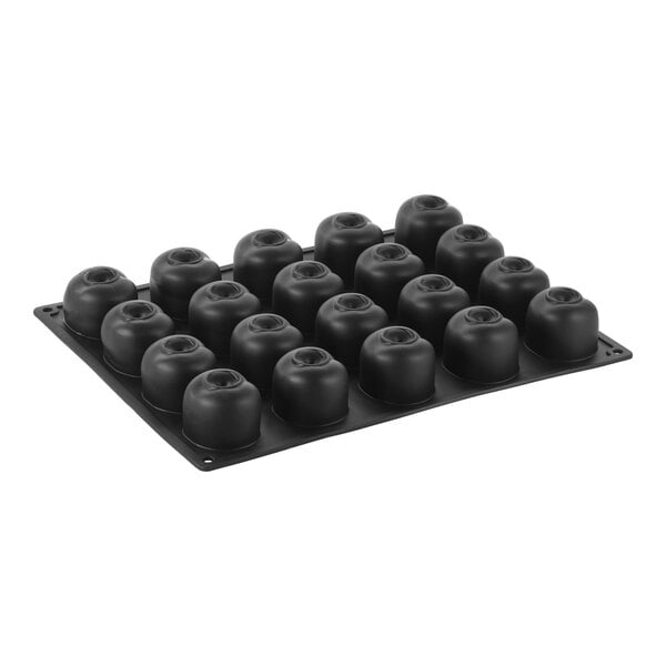 A black silicone baking mold with 20 round, dome-shaped compartments, each featuring a small indentation at the top.