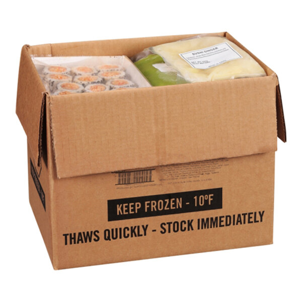 A cardboard box containing frozen Moji Sushi Spicy Crab Sushi Rolls and other packaged items.