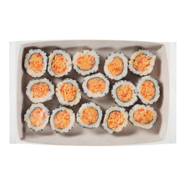 A tray of spicy crab sushi rolls arranged in a rectangular container.