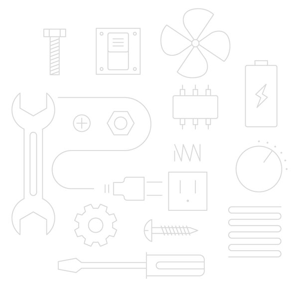 A collection of thin, light gray line drawings of various mechanical and electrical components, including a wrench, screwdriver, fan, battery, gear, screw, and other technical symbols, on a white background.