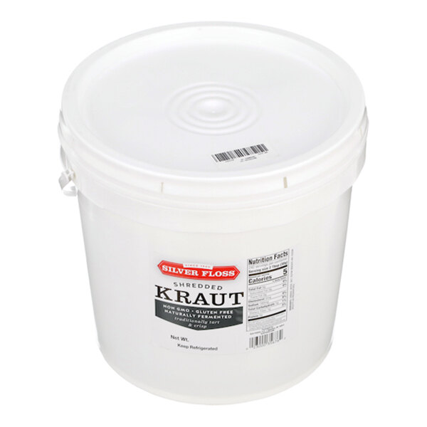 A white plastic tub of Silver Floss shredded sauerkraut with a lid and product label.