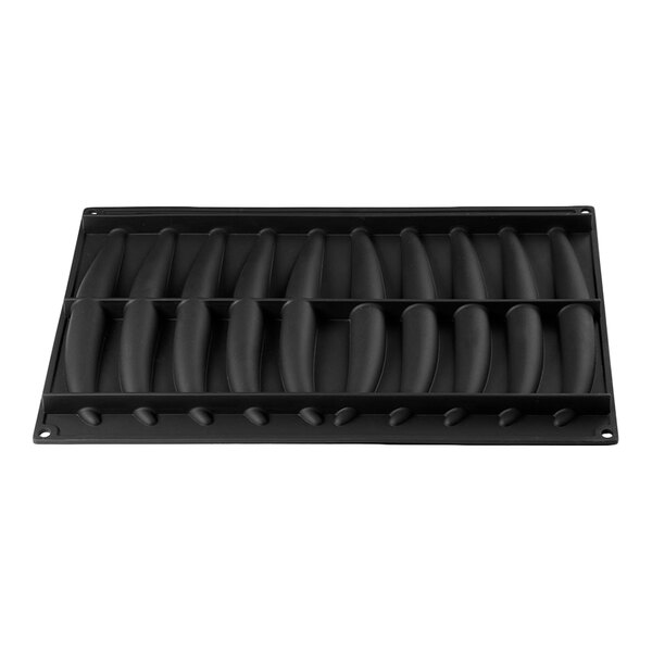 A black silicone baking mold with multiple elongated, curved compartments arranged in two rows.