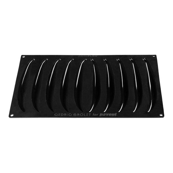A black silicone baking mold with ten elongated, curved cavities arranged in a row.