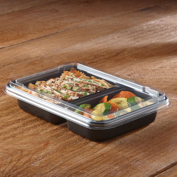 Sabert Hot Collection 27 oz. Black 2-Compartment CPET Plastic Oven-Safe Tray - 390/Case