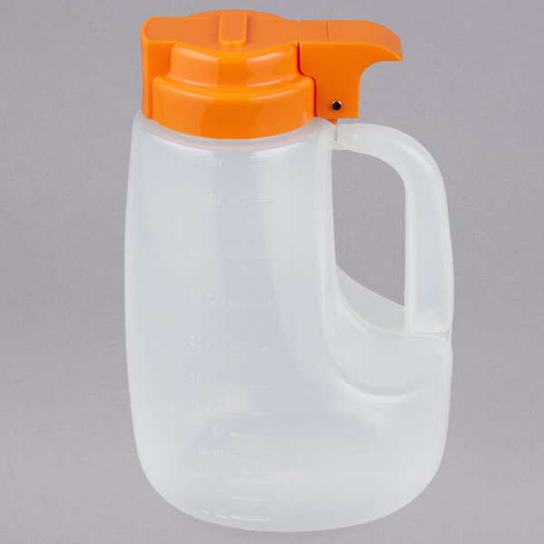 A Tablecraft plastic dispenser jar with an orange handle and lid.