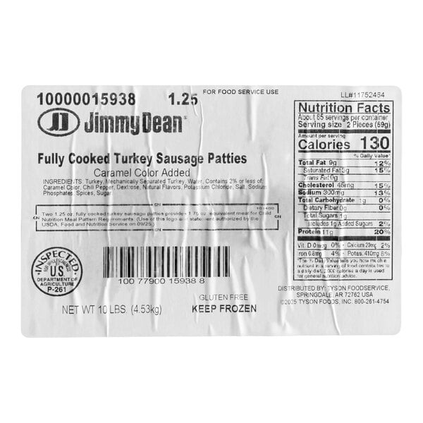 Jimmy Dean 1.25 oz. Fully Cooked Reduced Fat Turkey Sausage Patty 10 lb.