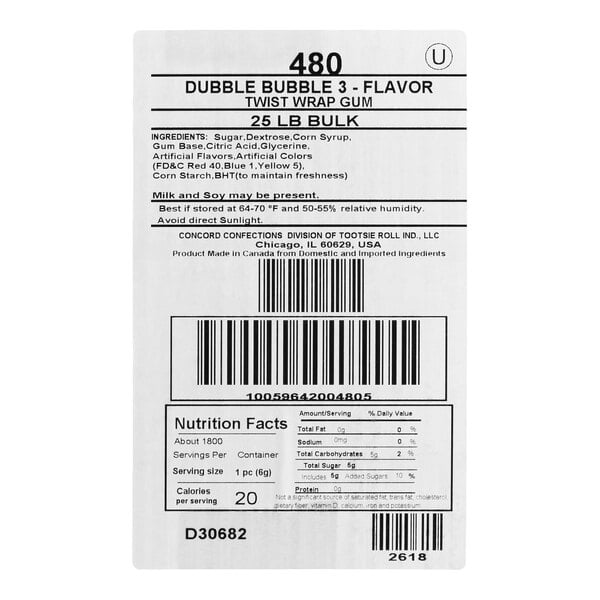 Dubble Bubble 3-Flavor Bubble Gum 25 lb.