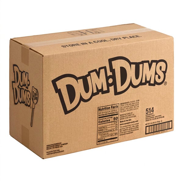 A large cardboard box labeled 'Dum-Dums' with nutrition facts and storage instructions printed on the side.