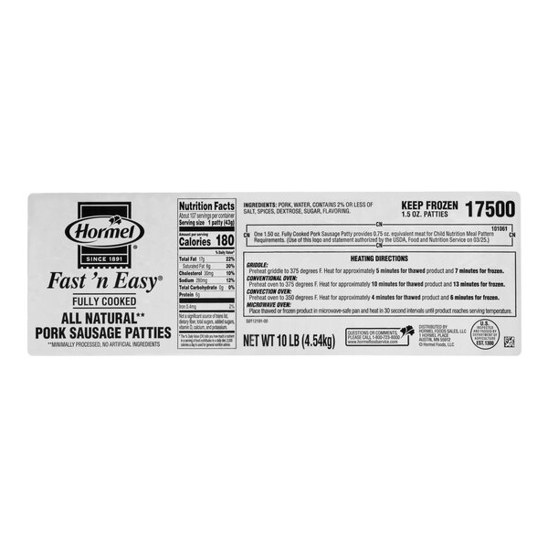 Hormel Fast 'N Easy All Natural Fully Cooked Pork Breakfast Sausage Patty 1.5 oz. - 107/Case