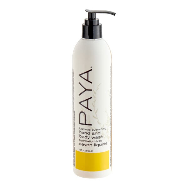 A tall, cylindrical bottle with a pump dispenser, labeled 'PAYA' and 'hand and body wash,' featuring a white and yellow design.