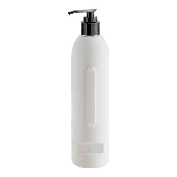 A white plastic pump bottle with a black dispenser, shown against a plain background.