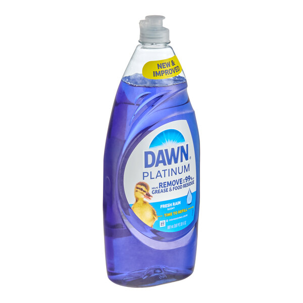 A clear plastic bottle filled with blue liquid dish soap, featuring a label with a duckling and the words 'Dawn Platinum' and 'Fresh Rain.'