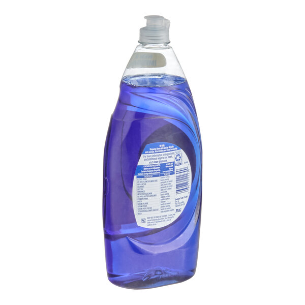A clear plastic bottle filled with blue liquid dish soap, featuring a flip-top cap and a label with product information on the back.