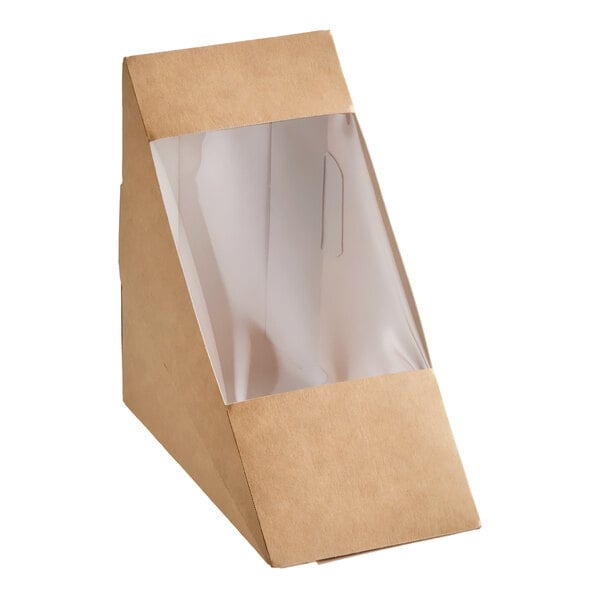 A brown paperboard container with a clear plastic window on one side, designed in a wedge shape.