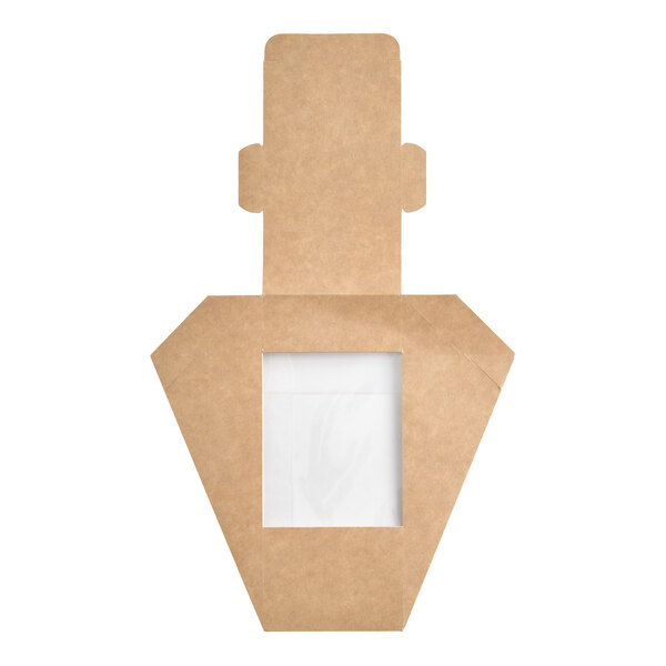 A flat, unfolded kraft paperboard container with a clear rectangular window in the center section.