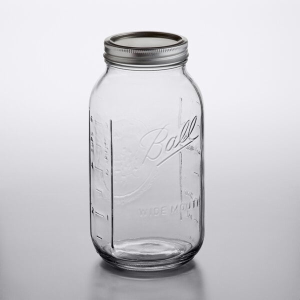 Ball 68100ZFP 64 oz. 2 Quart Wide Mouth Glass Canning Jar with Silver Metal Band and Lid - 6/Case